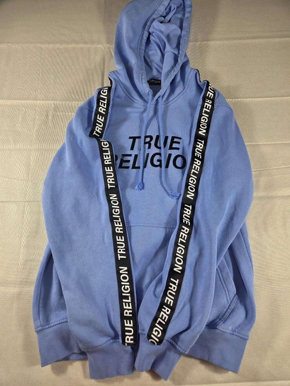 True Religion Logo Tape Pullover Hoodie Blue Medium Graphic Sweatshirt